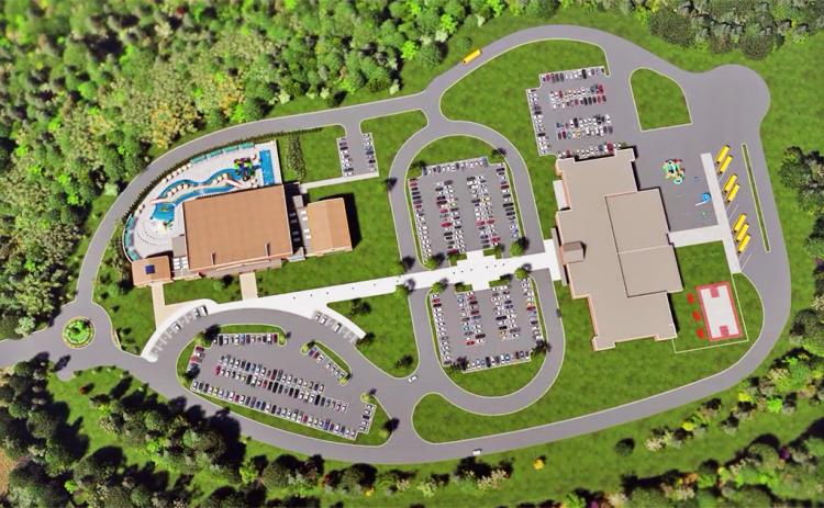 This screen capture from the recent video released by Lumpkin County Schools shows a view of the proposed property design for the new elementary school and county pool.