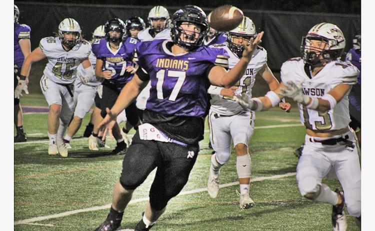 LCHS senior Drew Allison hauls in a catch with one hand during the Indians’ game against Dawson County on Friday.