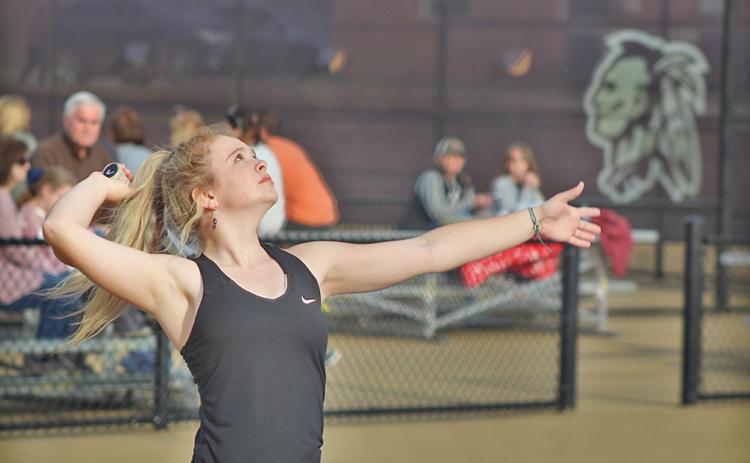 Bella Brock, who plays No. 1 Singles for the LCHS Girls Tennis team, prepares to serve during her match against North Hall.