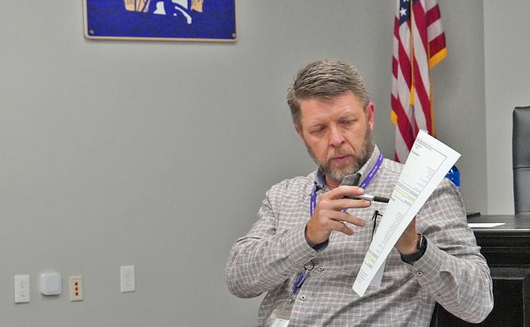 Lumpkin County Schools Chief Financial Officer Shannon Christian goes over the proposed 2022 budget during the school board's public hearing on Monday, June 21.