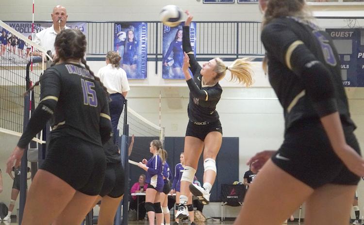 Lexi Pierce goes up for a kill during Lumpkin’s win over Chestatee. Pierce has settled into her role as hitter for Lumpkin, becoming a constant threat for opposing teams.