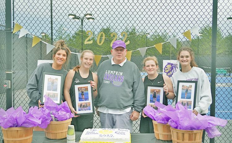 LCHS Tennis honored its seniors (from left) Karen Harris, Cady Geddings, Carly Sosebee and Hannah Davis after its win over Dawson on Tuesday.