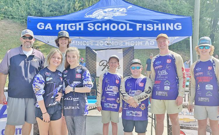 Members of the Lumpkin County High School Bass Fishing team competed in three different leagues of bass fishing this season, with the majority of the team competing in Georgia High School Fishing (GHSF). Pictured are head coach Joseph Jones, sisters Audrey and Lyndsey Gailey, Levi Self, Cooper McDonald, Jake Barrett, Scooter Ligon and Tyler Boggs.