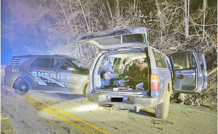 A chase across county lines resulted in a collision on Highway 52 when suspect Jody Shea allegedly struck a Lumpkin County Sheriff’s Office patrol car. (Photo courtesy of LCSO)