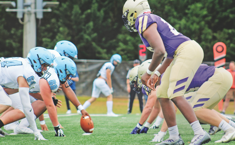 The Lumpkin County defense lines up against the North Cobb Christian offense in the spring game on Friday night.