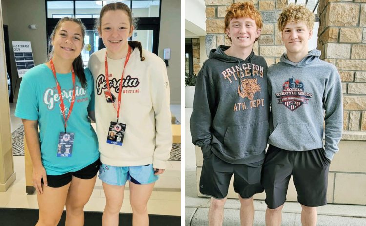 LEFT: Gwendalyn Wight and Nora Garbuzovas prepare for their big day at the competition in Fargo.  RIGHT: Austin Marshall and Nathan Nielsen arrive in Fargo for their national competition.