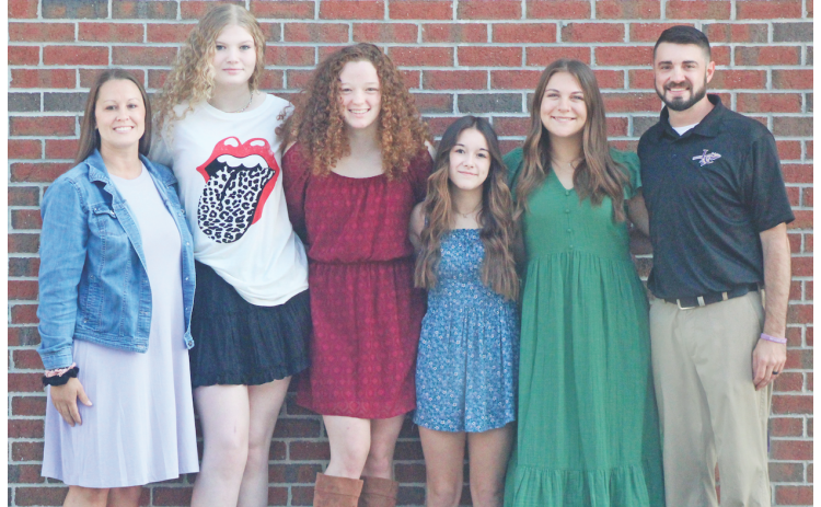 Girls wrestling Assistant Coach Jessi Askew, wrestlers Maxine Sullens, Nora Garbuzovas, Cadence Grulla, Gwendalyn Wight and new Head Coach Scott Degraff attended the Sunrise Rotary meeting last week.