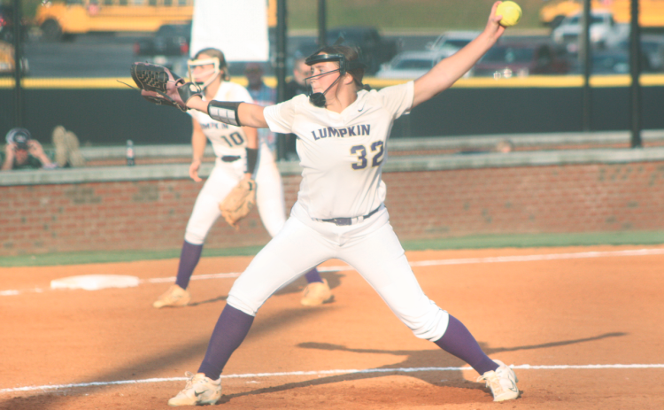 Lumpkin County’s Ava Estes delivers a pitch from the circle during the Lady Indians’ game against the Dragons.