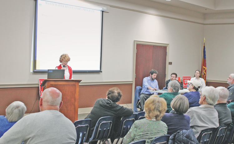 Dahlonega resident Katherine James, a staunch opponent of the DiVine Village RV park, discusses potential environmental impacts of the project as representatives of the Georgia EPD look on.