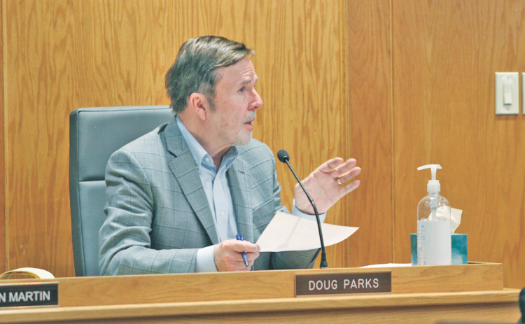 City Attorney Doug Parks explains an unusual voting procedure to members of the Dahlonega Planning Commission.