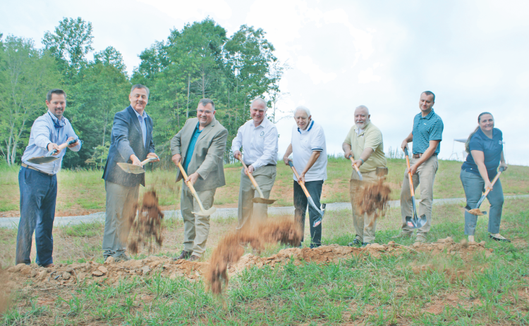 Breaking ground at the site of the new Cane Branch Wastewater Treatment Plant last Wednesday were (left to right) Commissioner Tucker Greene, Senator Steve Gooch, Chairman Chris Dockery, Water & Sewerage Authority Director Sean Phipps, Water & Sewerage Authority Chair Murl Jones, Commissioner Dr. Bobby Mayfield, Commissioner Rhett Stringer and Georgia Environmental Finance Authority Senior Project Manager Amanda Carroll.
