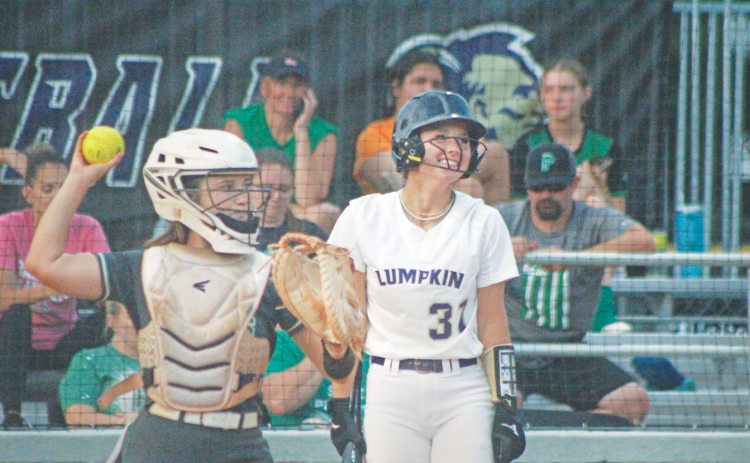 Lumpkin County High School softball player Cadence Ivey steps to the plate during last week’s game.
