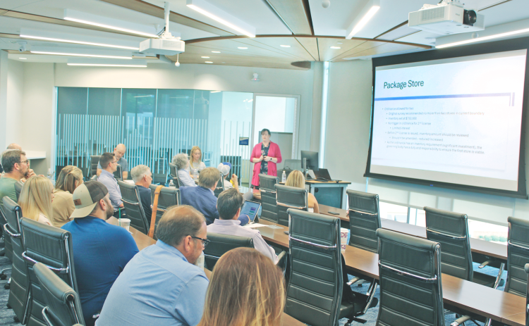 City Manager Allison Martin addresses participants during a Dahlonega City Council “mini retreat” at UNG’s Mike Cottrell School of Business.  The purpose of the retreat was to discuss several aspects of Dahlonega’s alcohol laws.