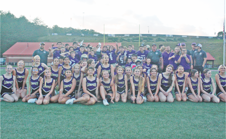 The Lumpkin County Middle School football team and cheer squad celebrate their big win over Fannin County in the finals.