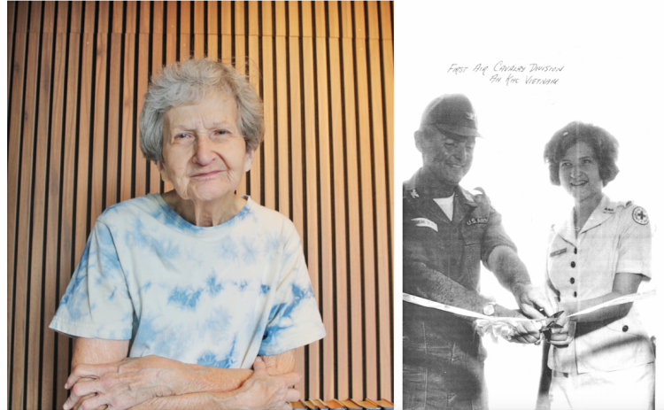 LEFT: “Donut Dollie” Liz Mangum served the troops in Vietnam for a year as part of the American Red Cross.  RIGHT: Mangum said the Red Cross always held a ribbon-cutting when a new recreation center opened, like this one for the First Air Cavalry Division in An Khê, Vietnam.