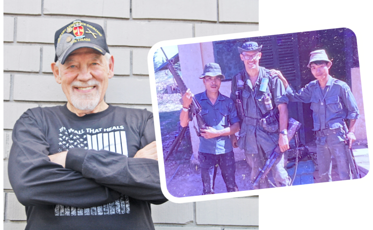 LEFT: Lumpkin County Veterans Affairs Committee Chairman Bill Poole has worked with community partners to bring The Wall That Heals traveling memorial to Dahlonega this week.  RIGHT: Poole is pictured in Vietnam with some local allies.