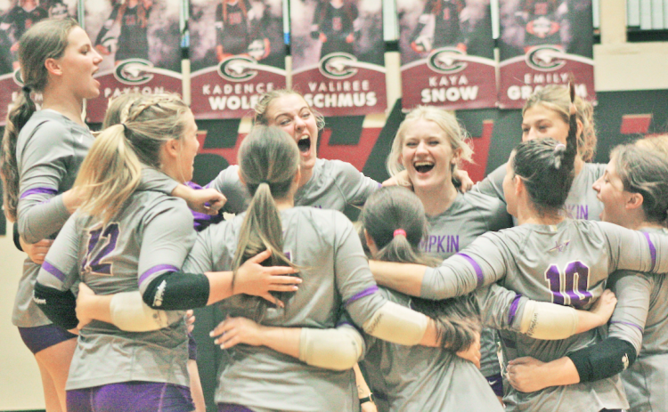 The Lumpkin County High School volleyball team rallies during their game against North Hall.