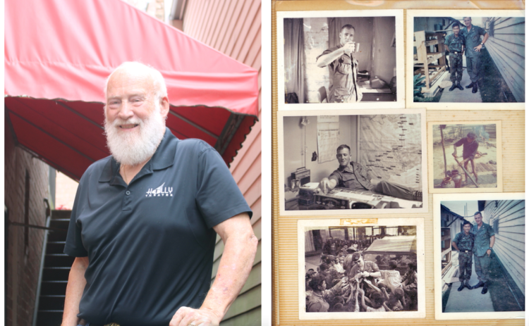 LEFT: Retired U.S. Army Colonel Hal Williams is pictured outside of the historic Holly Theater, where he served as an original board member.  RIGHT: A page from Williams’ journal, titled “Memory of South Vietnam,” depicts the charismatic officer interacting with the local population.