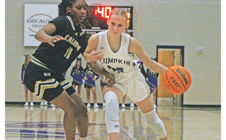 Anna Davis charges down the court and past a Calhoun defender.