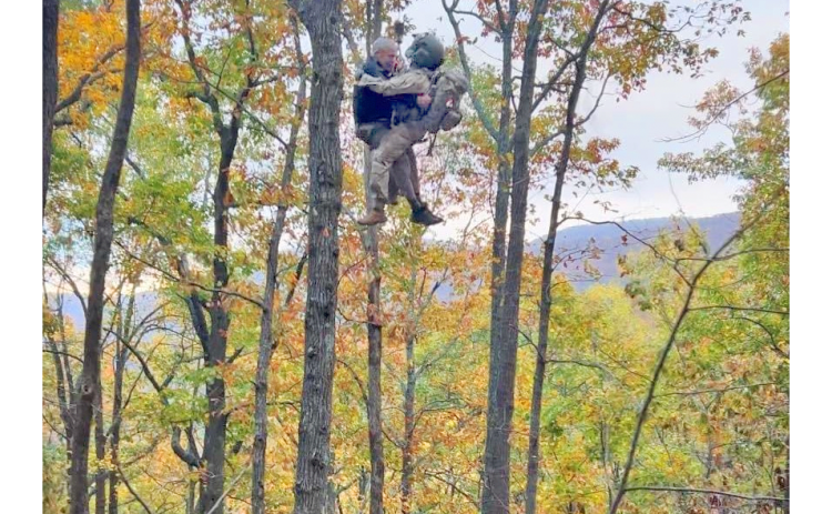 Timothy McCain is airlifted from the Chattahoochee National Forest by rescuers via Black Hawk helicopter after five days in the wilderness. (Photo provided by Union County Emergency Services)