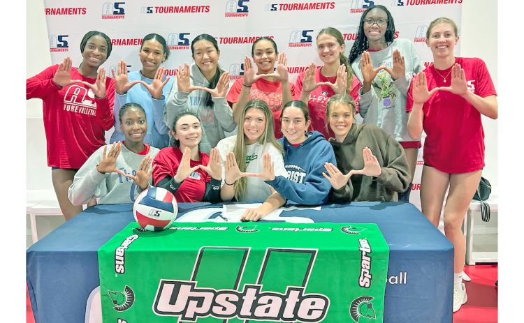 Morgan Powell and her A5 Volleyball teammates celebrate her commitment to the University of South Carolina Upstate.