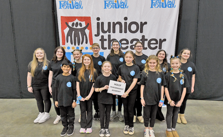 Holly Performance Academy students who competed at the Junior Theater Festival in Atlanta included (top row, from left) Briana Conway, Sadie Wallace, Catherine Boyd, Jacob Parker, Lily Blackston, Gillian Day, Olivia Reed and Rose Reed. Pictured (bottom row, from left) are: Arin Singla, Lilah Boyle, Peytonrose Bunch, Freya Yavaliollah, Ailey Smith and Ellie Wilson. Not pictured is Olathe Potter.