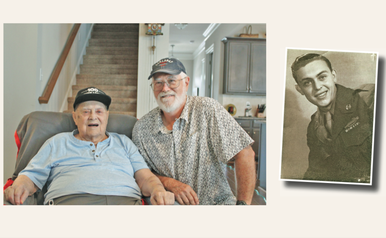 WWII veteran and Lumpkin resident Arthur Hugh “Pete” Hardy turns 100 on October 14. His unit received a Presidential Citation for extraordinary heroism during the Battle of the Bulge. He is pictured at home with his neighbor and close friend Lee Tidmore. (Far right: an Army photo shows Hardy in France shortly before returning home.)