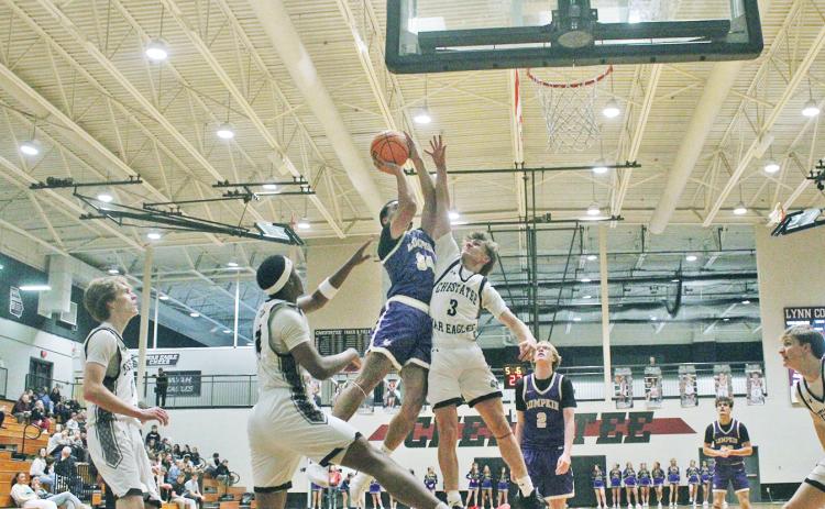 Lumpkin County’s Keiwhan Gallagher takes to the air against Chestatee.