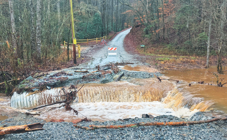 A photo provided by Lumpkin County Community and Employee Services Director Alicia Davis shows a severe washout on Willow Pond Road before Road Department crews replaced the lost gravel.