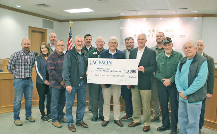 Representatives of Jackson EMC presented a donation of $10,000 for the Lumpkin County Veterans Cemetery during a recent Board of Commissioners meeting. All local funds raised for the project are being matched, in $50,000 increments, by the Lowell S. and Betty L. Dunn Foundation.