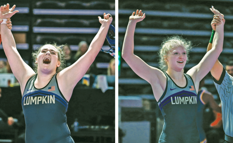 Lumpkin County wrestlers pictured: (left) sophomore Faith Jones captures her first Traditional State Championship; and (right) Greta Garbuzovas makes state history as one of the first ever four-time Girls State Champions.