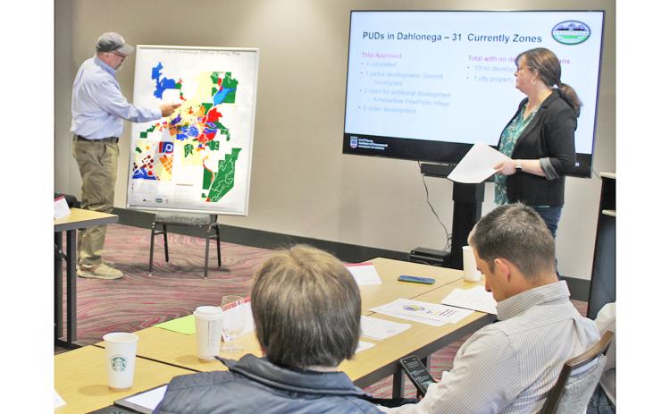 Mayor Sam Norton points to a large map highlighting Dahlonega’s Planned Unit Development zones during last month’s City Retreat.