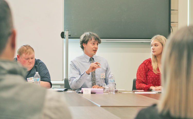 Members of the Preserve Johnny B’s Society, from left, Jesse White, Jeremy Sharp and Leah Story sit down for a roundtable discussion at the library.