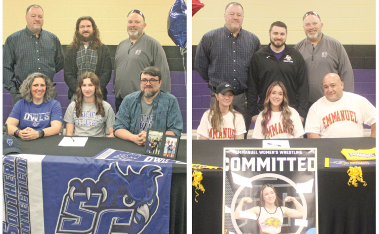 LEFT: Lumpkin County swimmer Haley Hayes celebrates her college signing with her family and coaches.  RIGHT: Cadence Grulla signs her official commitment to Emmanuel University to continue her wrestling career.