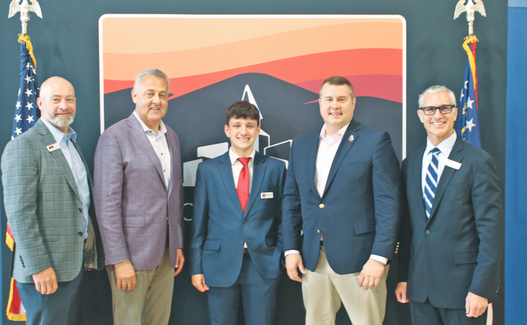 Pictured at the 2026 State of the State luncheon (from left) are Dahlonega-Lumpkin County Chamber of Commerce Board Chair Wes Chambers, State Sen. Steve Gooch, Davis MacEntyre, State Rep. Will Wade and Chamber Executive Director Robb Nichols.