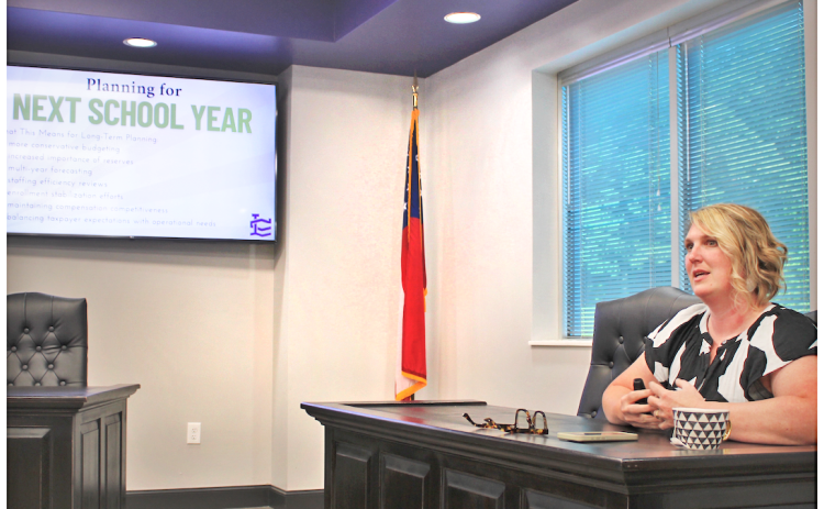 Lumpkin County Schools Finance Director Dr. Whittney McPherson delivers a presentation during the first of two FY ’27 budget review hearings held at the Central Office on Indian Drive. The second meeting will take place on June 15 at 4:30 p.m.