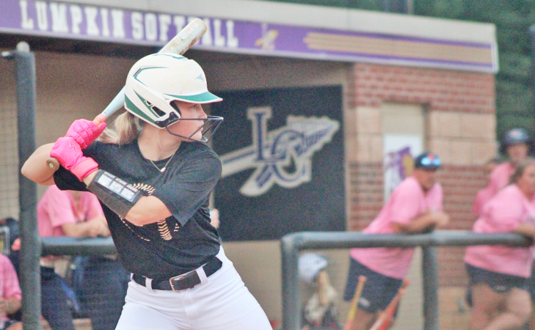 Elin Wilkins lines up in the batter’s box for the Lumpkin softball team as they face off against East Forsyth.