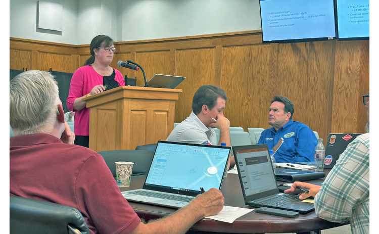 City Manager Allison Martin discusses the proposed 2026-2027 budget with members of the Dahlonega City Council.