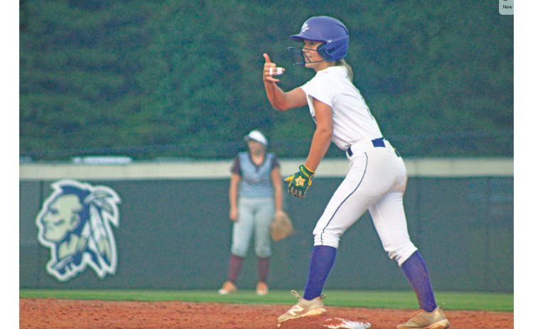 Lumpkin County’s Brookyn Pham gives the thumbs up after sliding into second base.