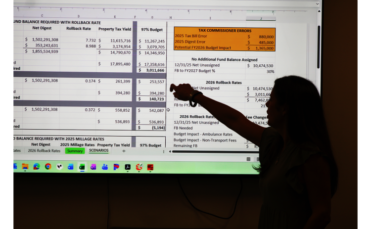 Lumpkin County Finance Director Abby Branan points at a slide in her 2027 budget presentation. The financial impact of errors in the 2025 property tax calculation can be seen at the upper right.