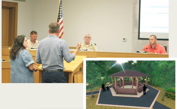 Pictured at left: Breedlove Land Planning Project Manager Laurel LaCroix and Principal Landscape Architect Alan Wieczynski present the latest revisions to a planned Native American Park at the corner of Rock House Road and Hwy. 52 East.  Also pictured: a 3D SketchUp rendering depicts an open-air pavilion loosely modeled after a Cherokee Seven-Sided Council House. It would be constructed out of peeled lumber, with a synthetic cedar shake roof.