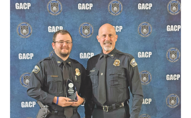 Dahlonega Police Chief George Albert, right, recently nominated Officer Cody Sprague for the honor of Outstanding Officer of the Year.