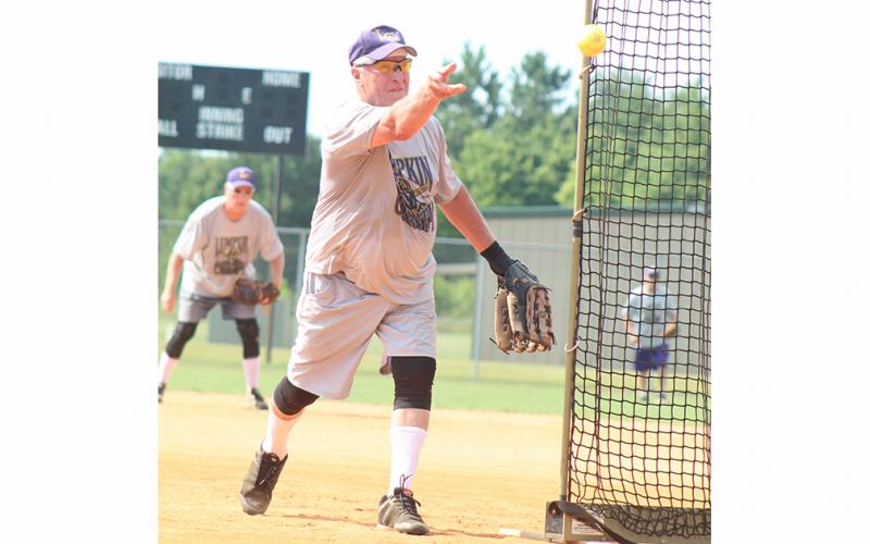LC Miner pitcher Larry “The Rocket” Rodgers tosses a strike towards home plate during the Miners’ league doubleheader against the Rabun County Relics last week.