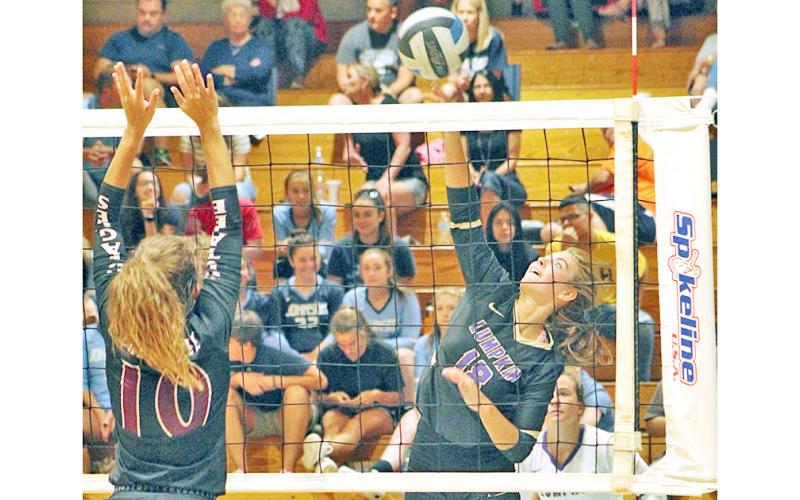 Lady Indians player Victoria Crotzer gets her team a point with a powerful hit at the net.
