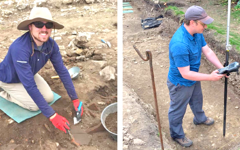 LEFT: Brendan Harris excavates at Roman Doclea in Montenegro. RIGHT: David Grogan uses electronic mapping gear on the site of Roman-era Lincoln, England.