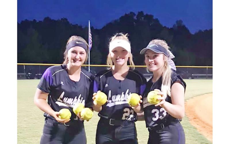 Natalie Shubert, Evee Dornhecker and Lauren English celebrate after connecting for six home runs between them in the Lady Indians’ win over Cherokee Bluff last week. Shubert crushed three home runs, Dornhecker blasted two home runs and English connected for one home run in the 13-5 victory.