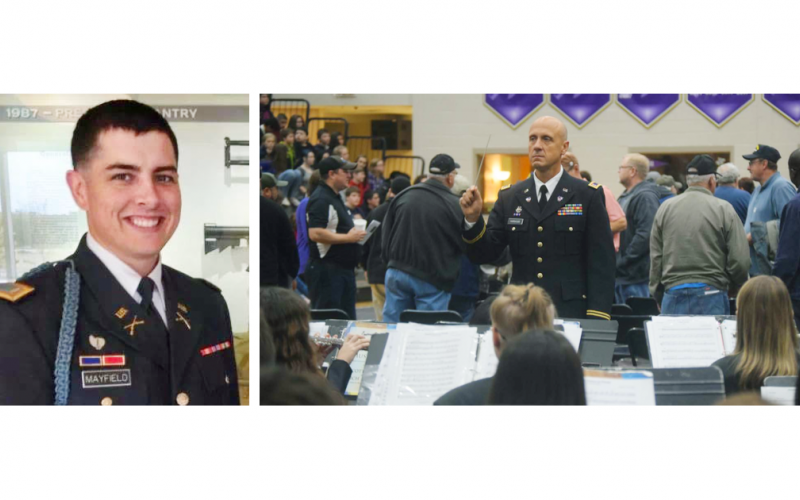 LEFT: 1st Lt. William Mayfield will give the keynote address at the upcoming Veterans Day Celebration at Lumpkin County High School. Mayfield was a member of the original JROTC Corps of Cadets at the school. RIGHT: Veteran Andrew Harwood directs the Lumpkin County High School Band of Gold at last year’s ceremony.