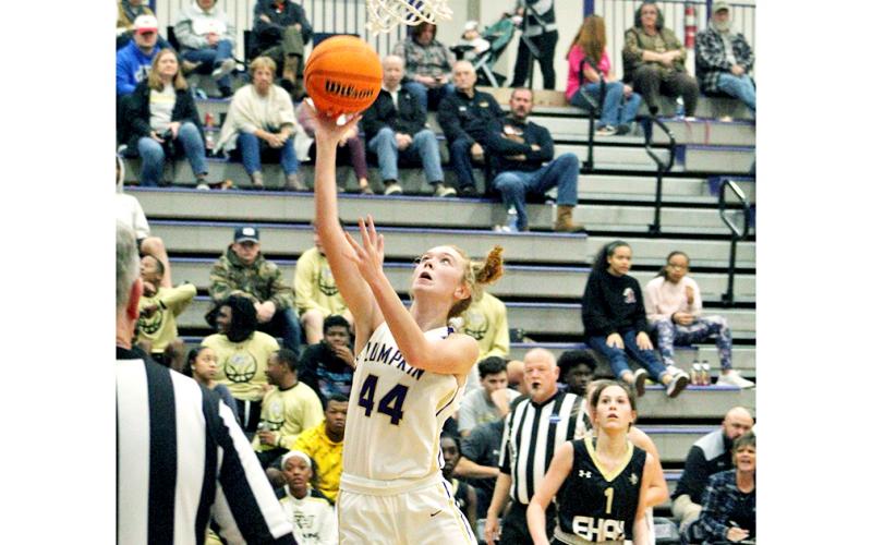 Senior center Madisyn Echols scores two of her six points in the Lady Indians’ loss to region foe East Hall last Friday night.