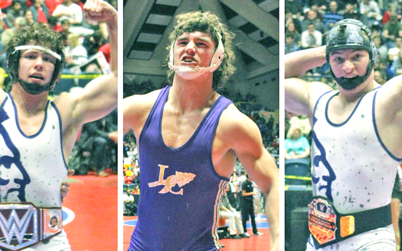 Pictured (from left): Nolan Wheeler flexes his muscles after becoming only the second Lumpkin County wrestler to win three State Championship titles. Sam Irwin gets hyped up after grappling his way to back-to-back State Championship titles. Austin Garmany pulled off a late win by pin to secure his first State Championship title.