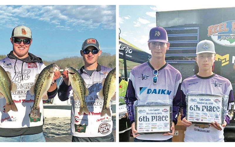 LEFT: Lumpkin bass fishing team duo Harris Taylor and Avery Mills show off their bounty after a day on the lake during a tournament this season.  RIGHT: Bass fishing team duo Kyle Trammell and Garrett Harris celebrate a sixth place finish at a tournament this past season.